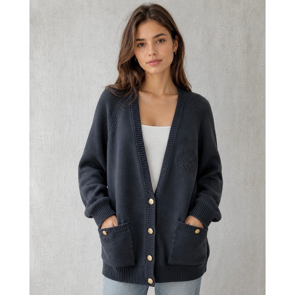 Casual Corner 90s Cotton Ramie Black Knit Oversize Cardigan Medium Gold Button